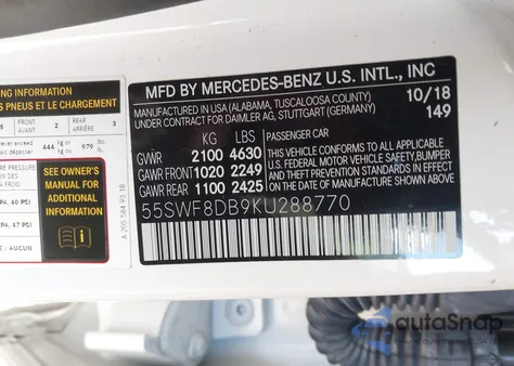 2019 Mercedes-Benz C 300 z USA, uszkodzony, nr VIN 55SWF8DB9KU288770